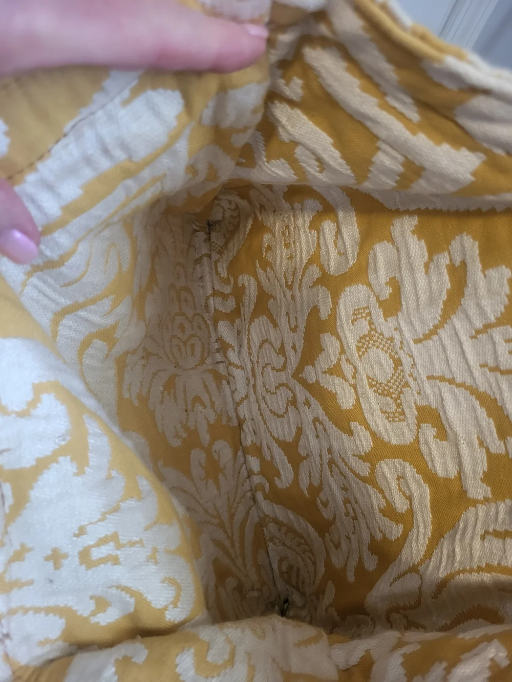 Yellow and Cream Patterned Tote Bag with Brown Trim